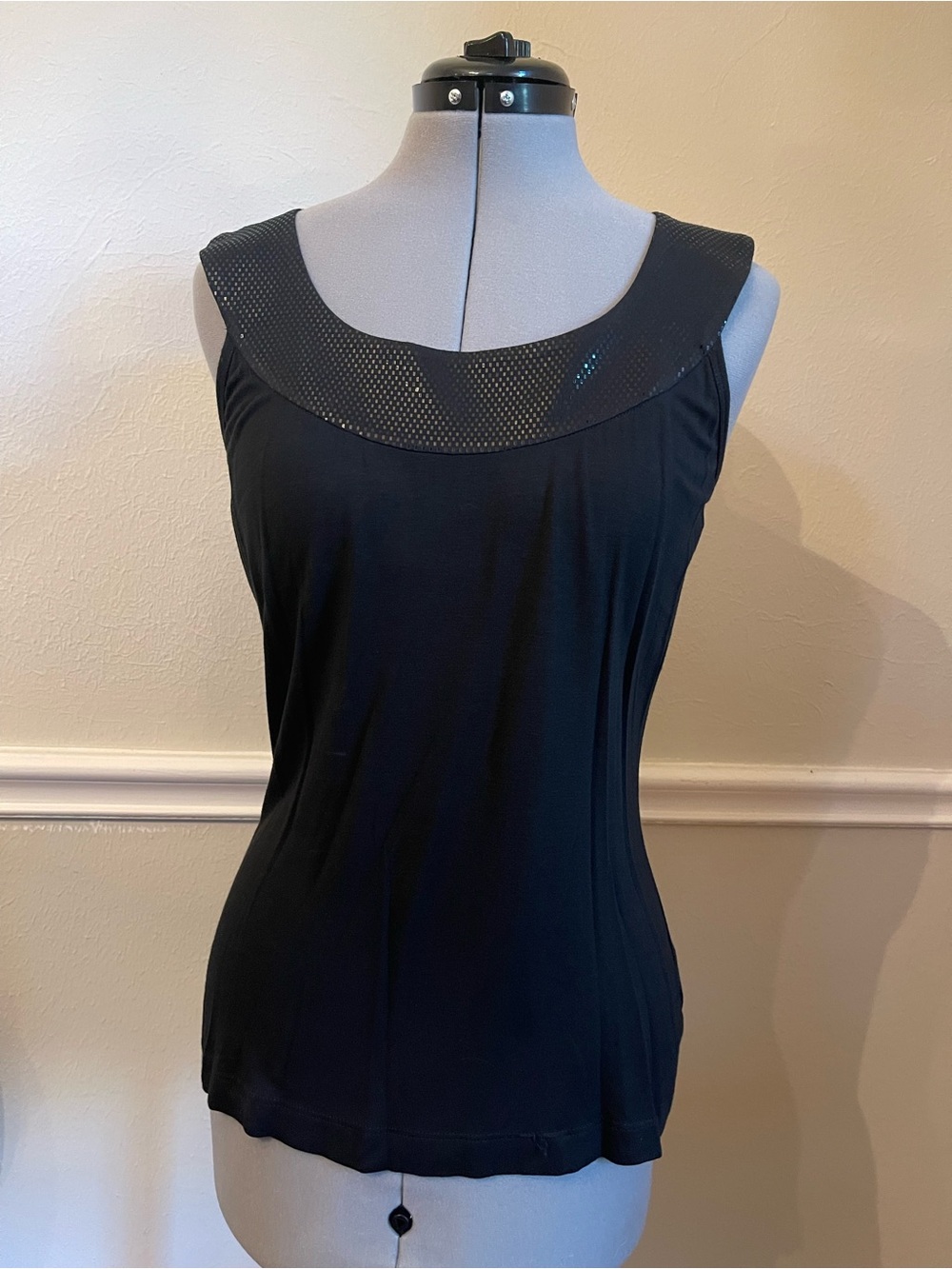 St. John Black Mesh-Trim Sleeveless Tank Top